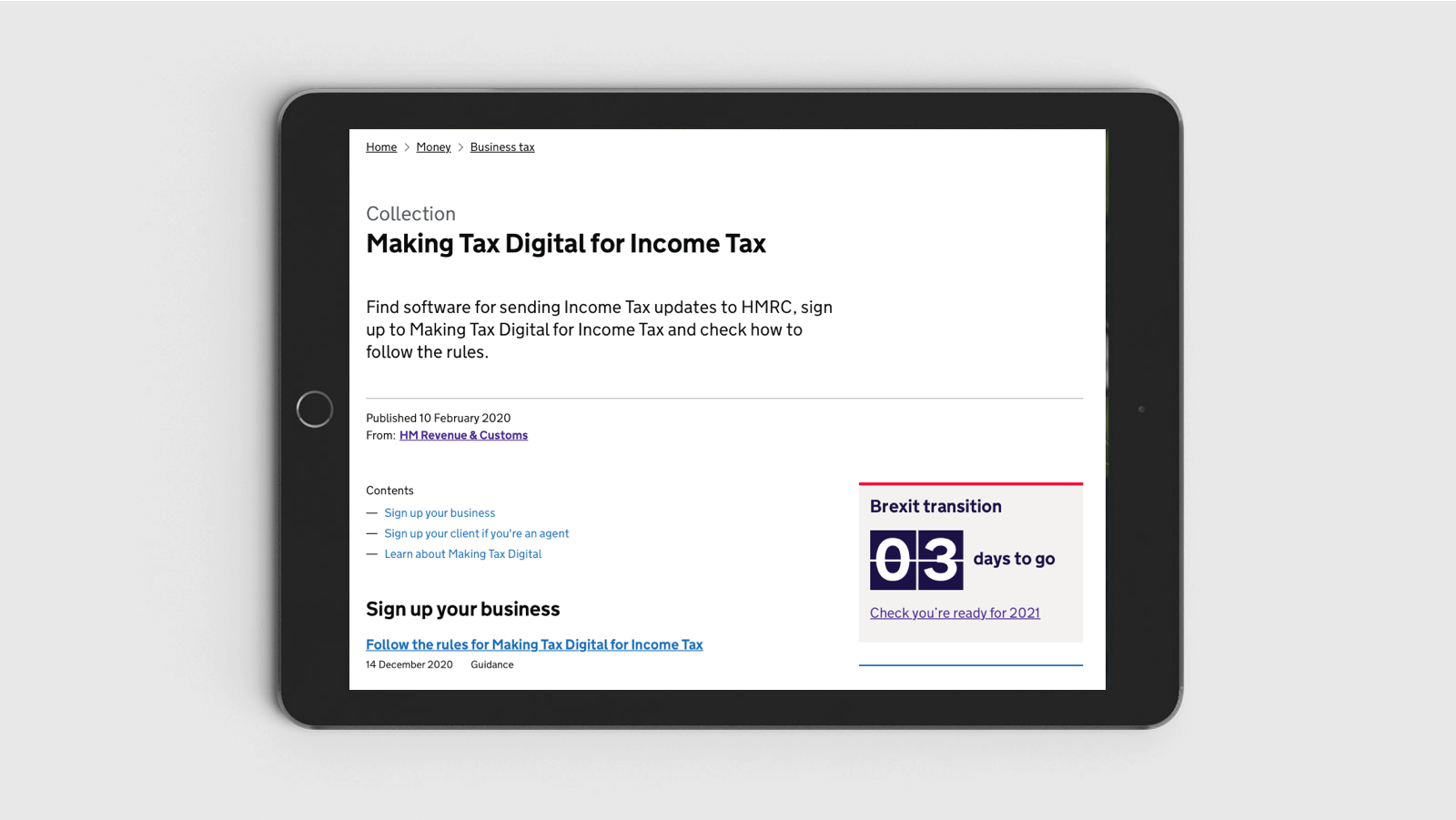 a graphic showing a GOV.UK start page for Making Tax Digital